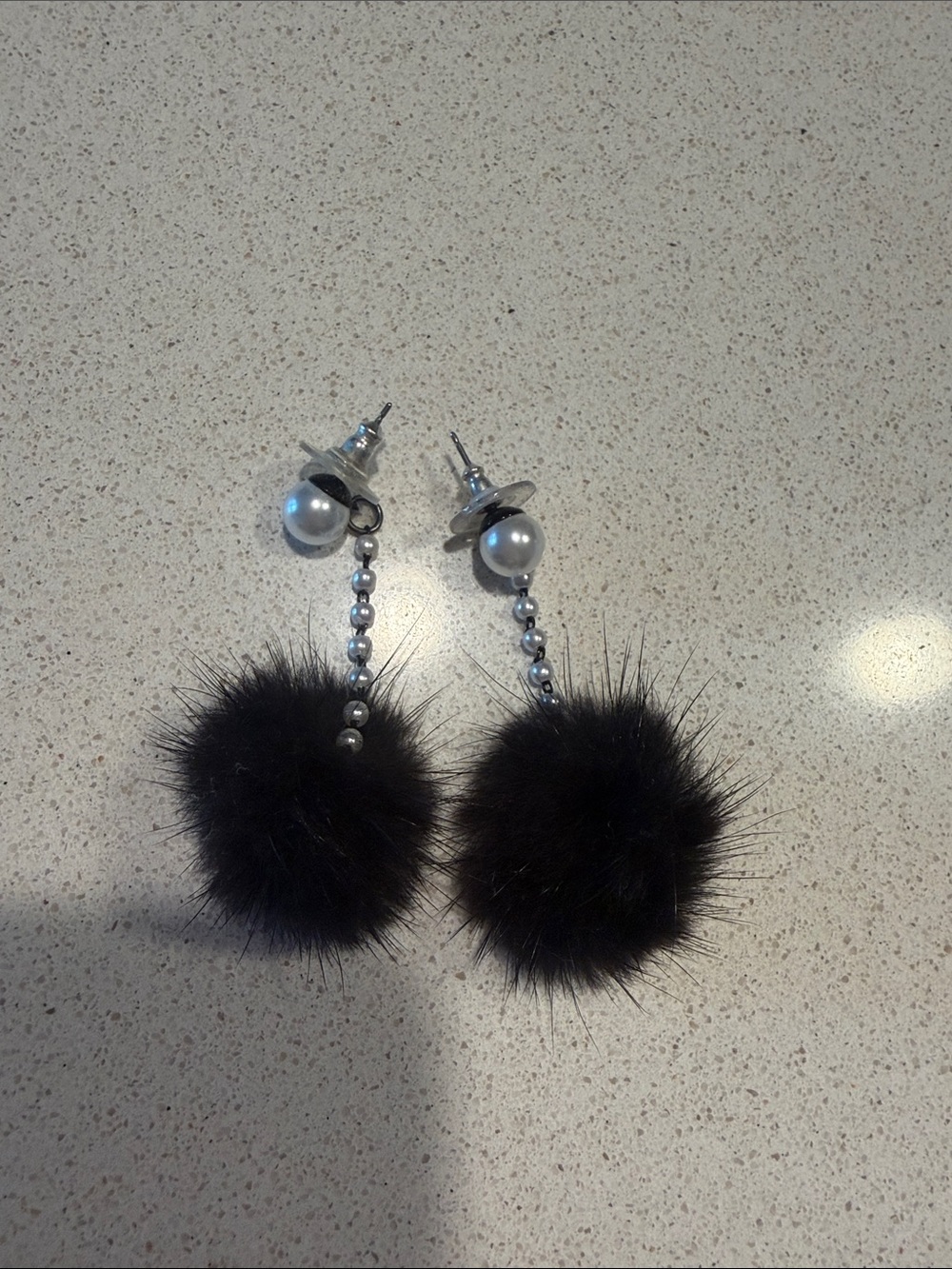 Lane Bryant Black Faux Fur Pom Drop Earrings with Silver Bead Detail